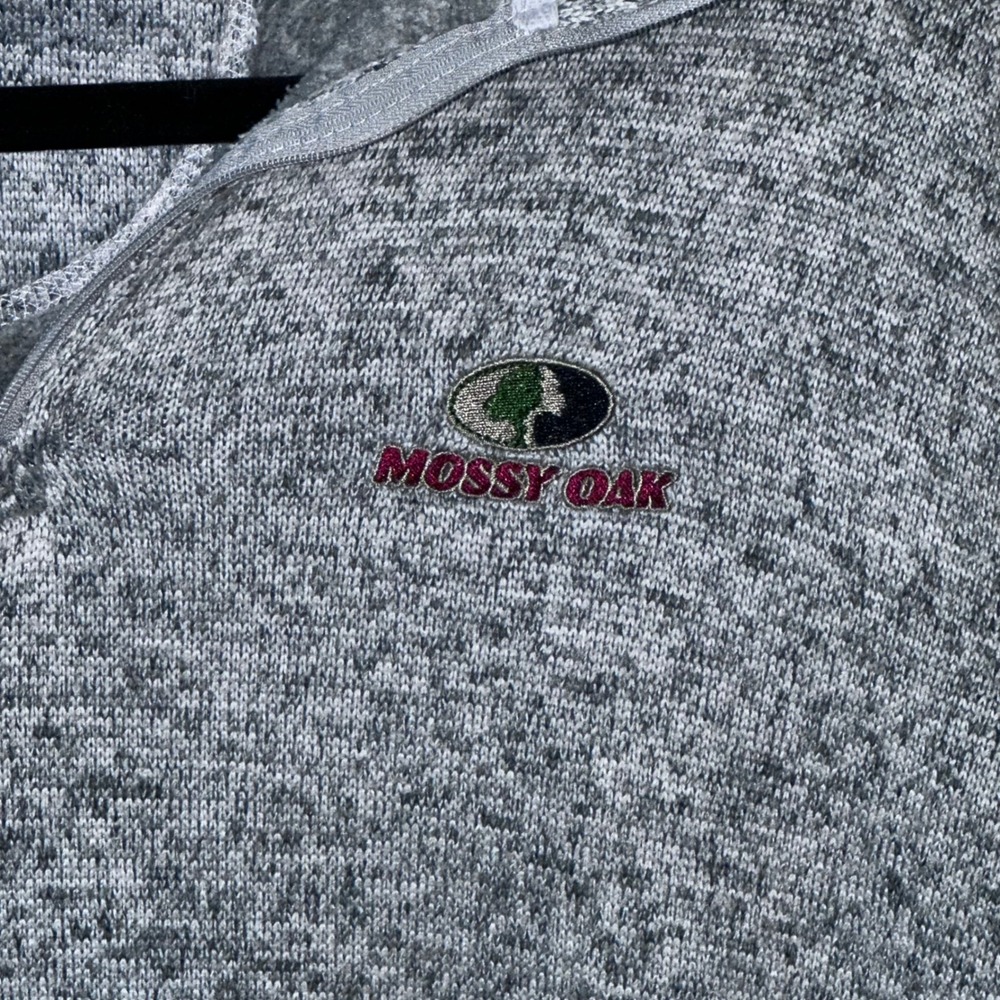 Mossy Oak Mens XL Quarter Zip Pullover Sweater Marled Gray Fleece Lined Logo - Picture 2 of 3